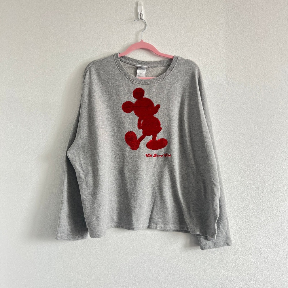 Disney Parks Mickey Mouse Gray Red & Silver Sequin Graphic Sweatshirt XL Relaxed